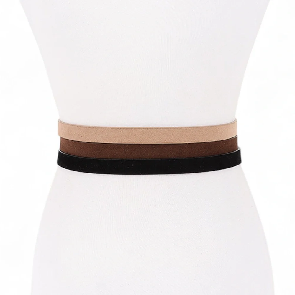 3 PC Vegan Suede Skinny Statement Belt Set - Black, Brown, Tan